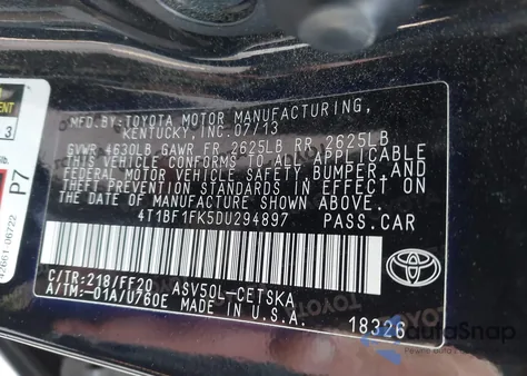 2013 Toyota Camry Se from USA, damaged, VIN 4T1BF1FK5DU294897